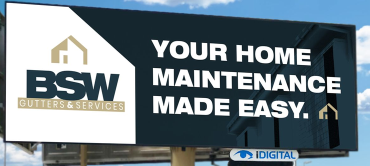 Billboard for BSW Gutters & Services, featuring logo and the text 
