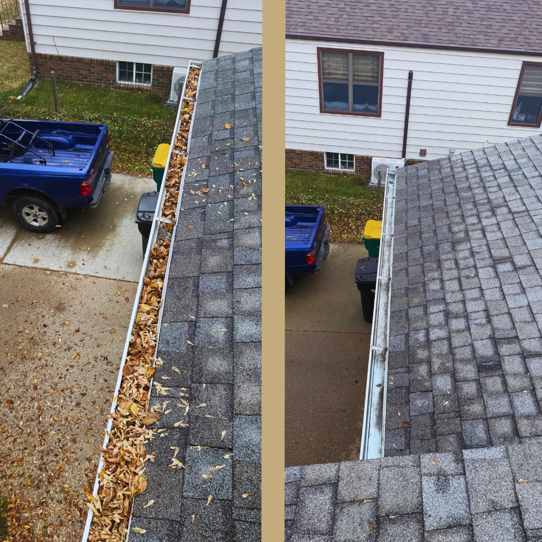 Comparison: Gutter cleaning on a house roof. Left side shows full gutters with debris, right side shows cleaned gutters.