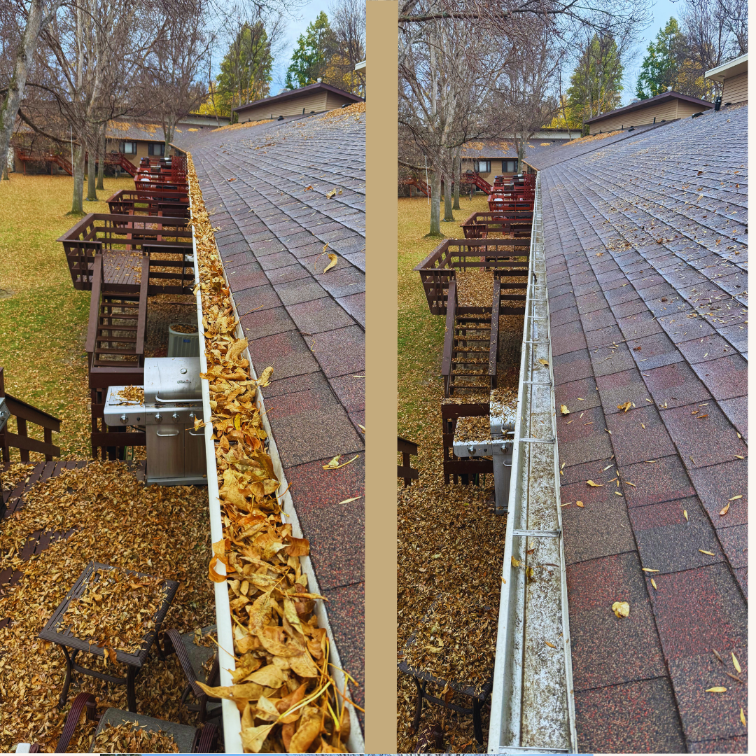 Gutter before and after cleaning: filled with leaves and debris vs. clean, on a brown shingled roof.