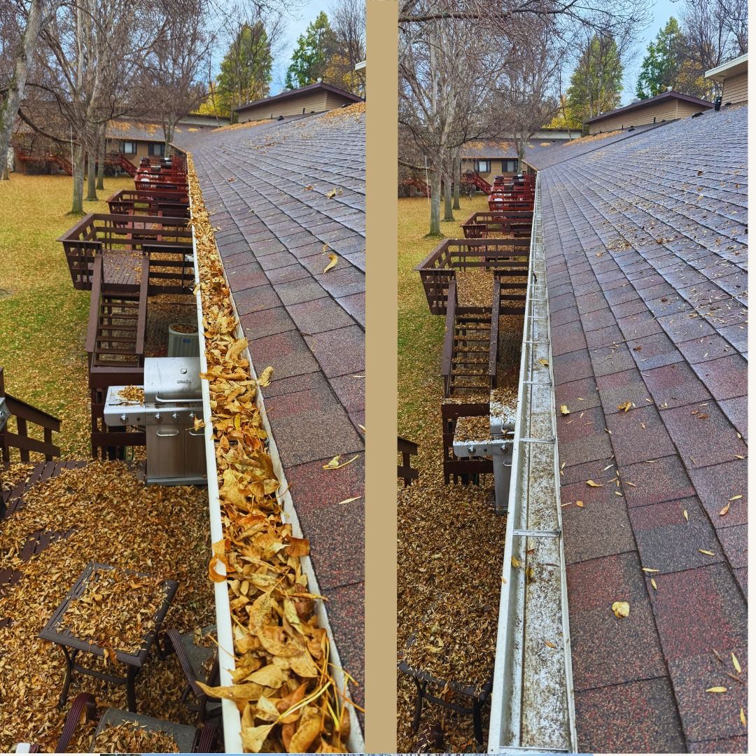 Before and after of a gutter cleaning. Left side: clogged with leaves. Right side: clean gutter.