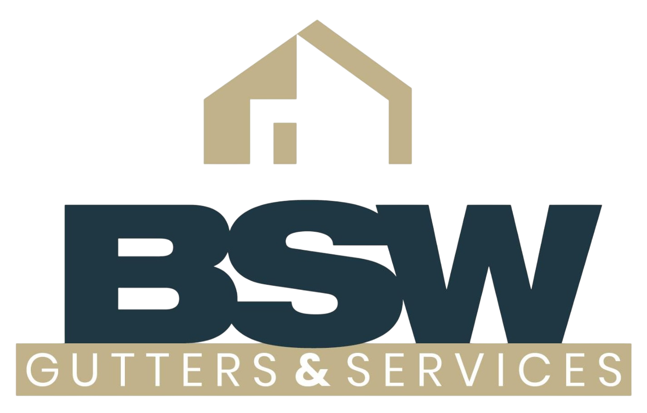Logo for BSW Gutters & Services, featuring a house graphic and the letters BSW in navy, with text "GUTTERS & SERVICES" below in tan.