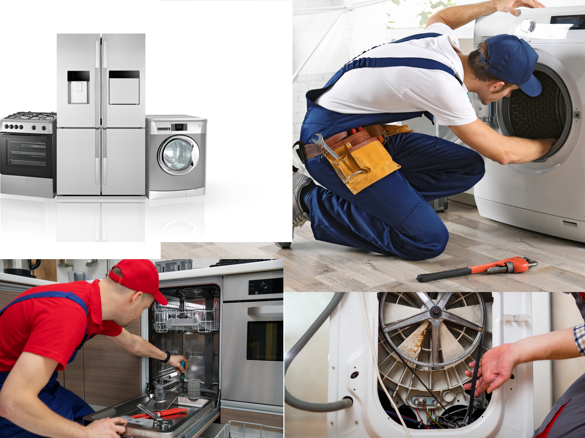 A man is working on a refrigerator , washing machine , and dishwasher.