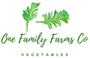 A logo for one family farms co. vegetables with two green leaves on a white background.