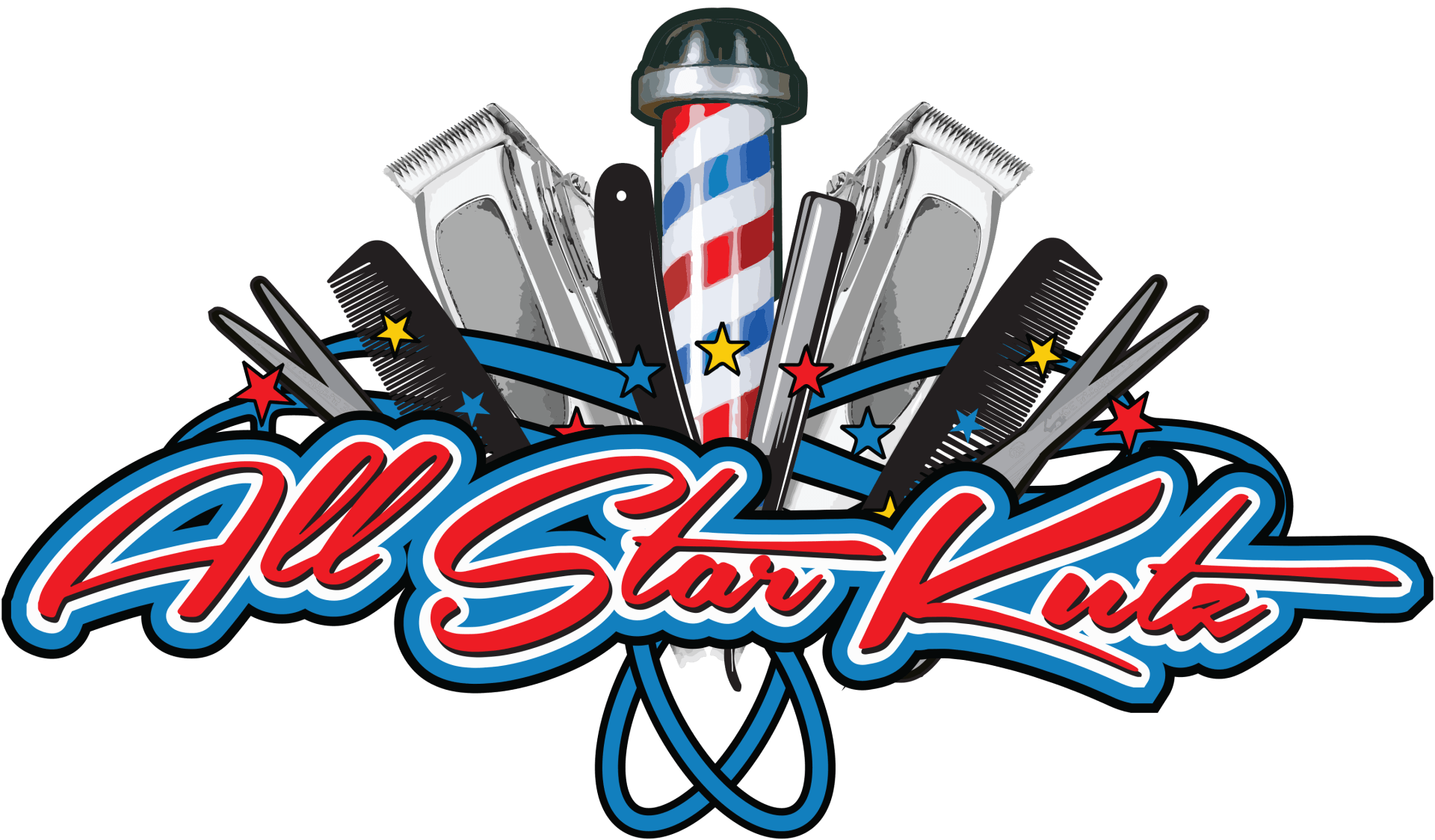 A logo for a barber shop with a barber pole surrounded by shaving razors and scissors.