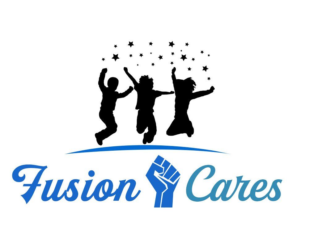 The logo for fusion cares shows a group of people jumping in the air.