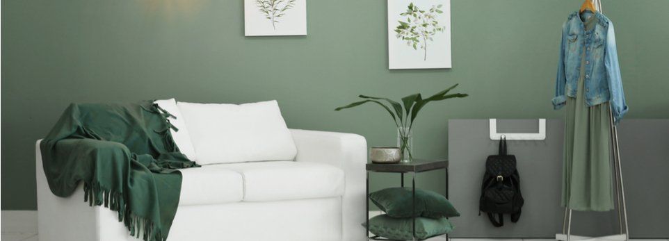 Wohnzimmer weißes Sofa und mattgrüne Wandfarbe mit grüner Pflanze und Kissen