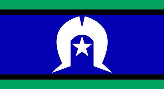 Flag of the Torres Strait Islanders; blue center with white headdress, star, green top/bottom bands.