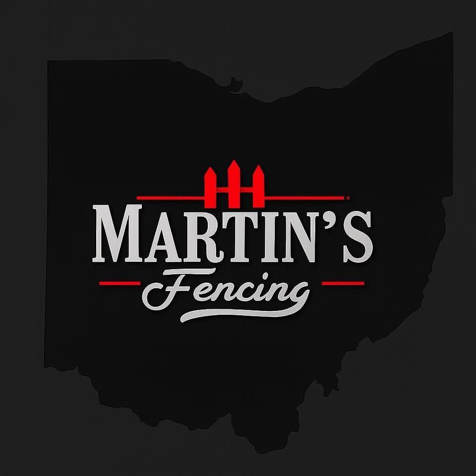 Logo for Martin's Fencing, featuring the Ohio state outline, black background, and white text with red accents.
