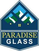 Logo for Paradise CB Glass featuring a mountain landscape in a blue and white diamond, with the company name in gold.