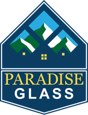Logo for Paradise CB Glass: a blue and white badge with mountain scene above company name.