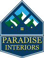 Logo for Paradise Interiors featuring a blue hexagon with mountains and a house icon