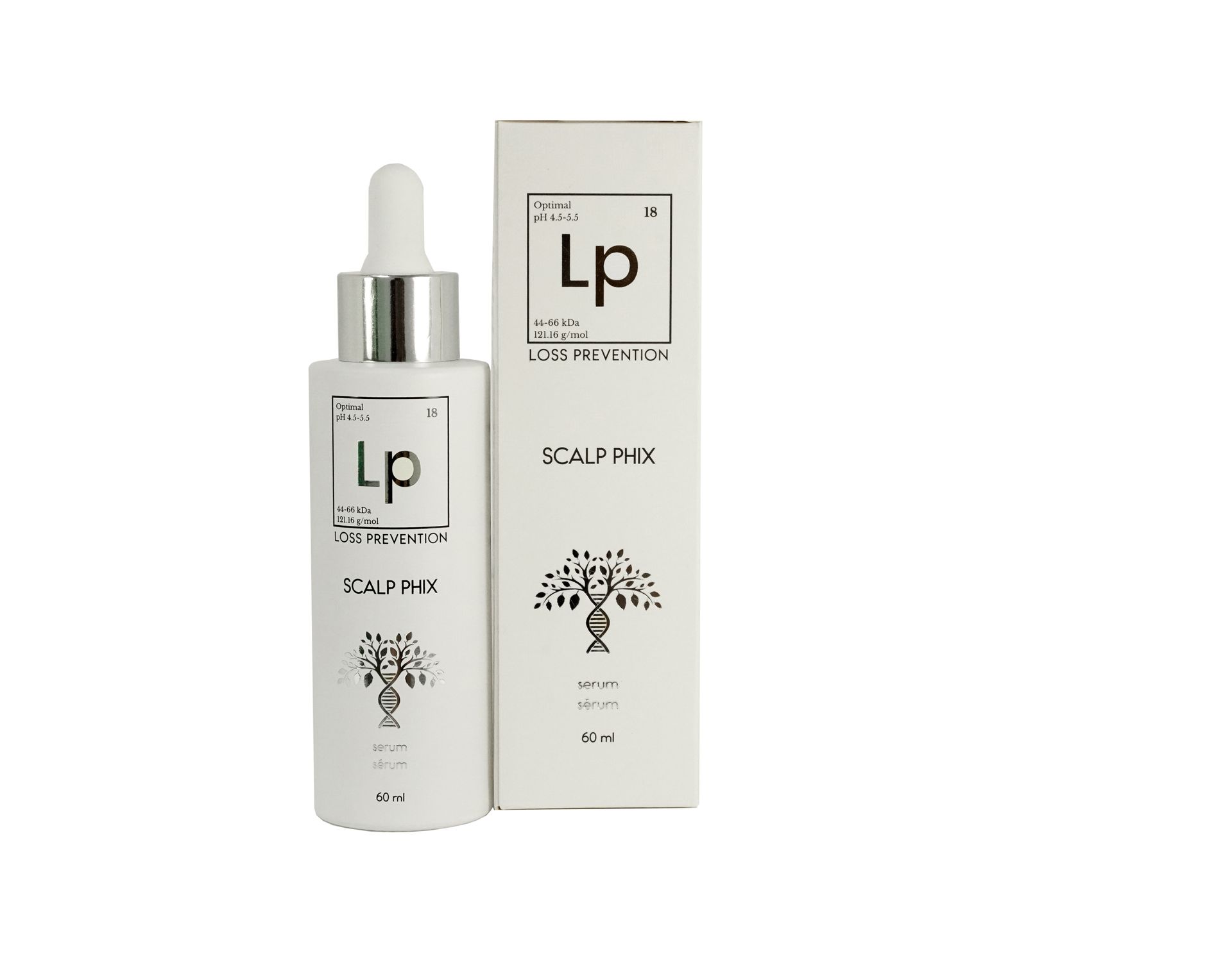 A bottle of lp next to its box on a white background