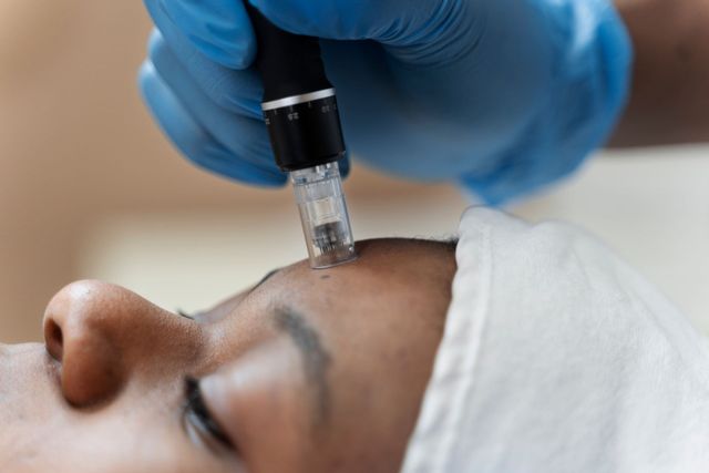 A woman is getting a microneedle treatment on her face.