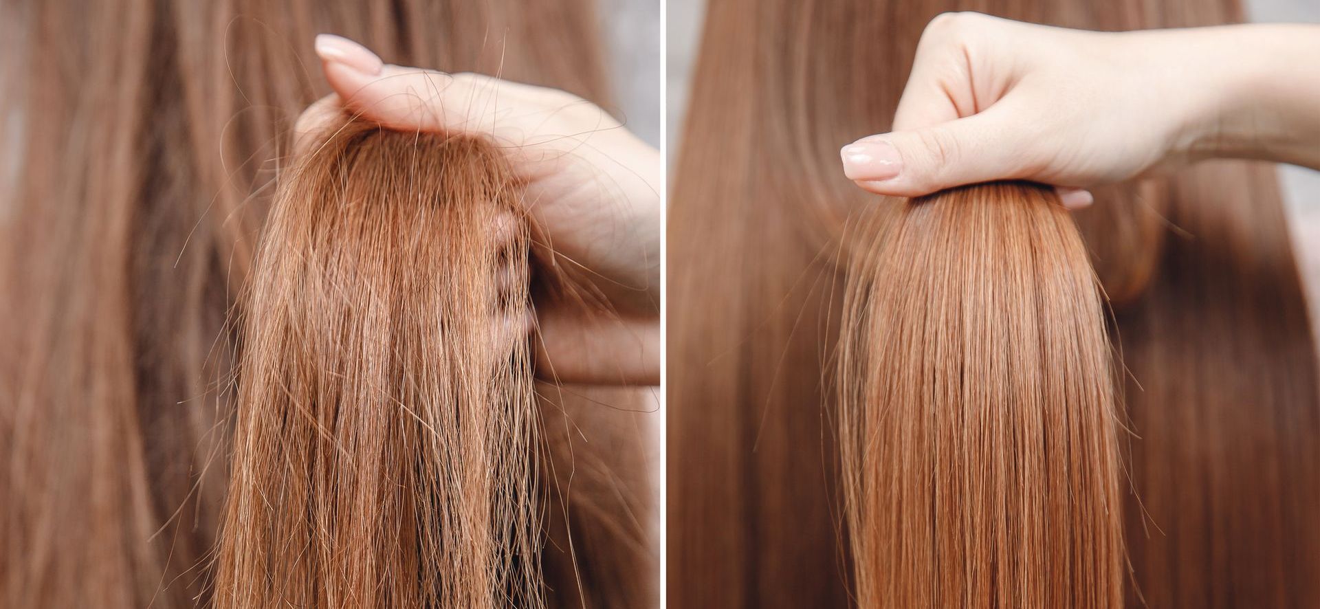 A woman is holding a piece of hair in her hand.