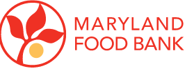Maryland Food Bank logo with a red design of leaves and a yellow dot inside a red circle.