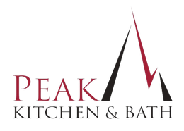 Logo for Peak Kitchen & Bath: Text "PEAK" in burgundy next to stylized mountain peaks in black and burgundy. Text "KITCHEN & BATH" below.