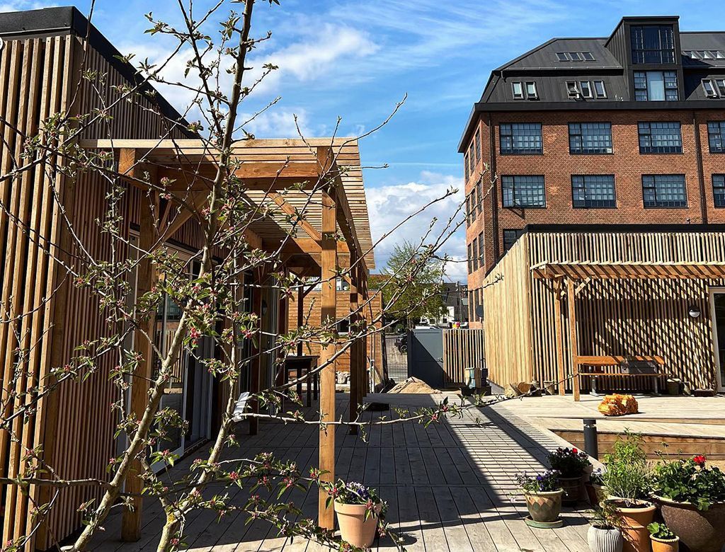 Træstrukturer ved siden af en murstensbygning med en sti og planter; solskinsdag.