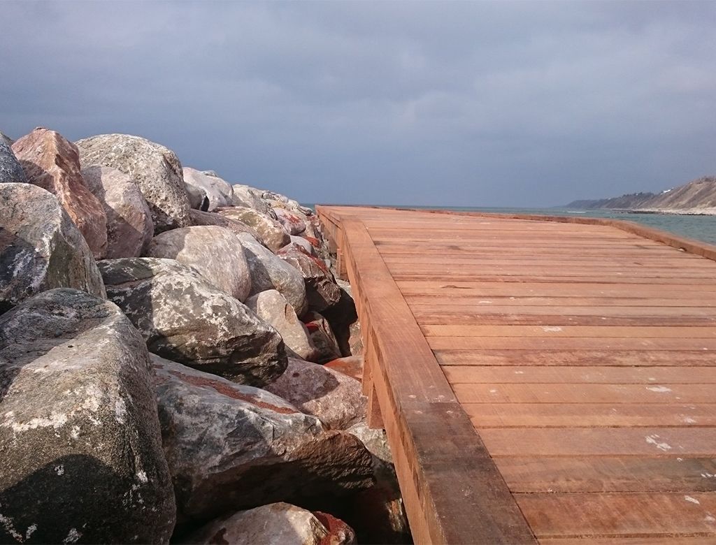 Klippekyst og træmole, der fører til havet under en overskyet himmel.