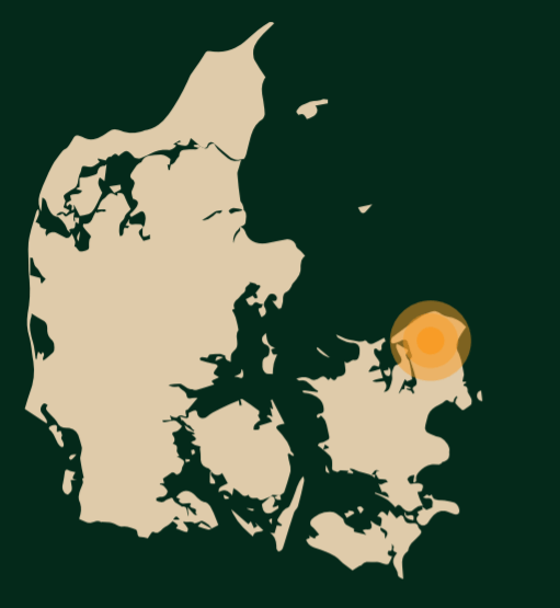 Danmarkskort med en orange glød, der fremhæver Københavnsområdet.