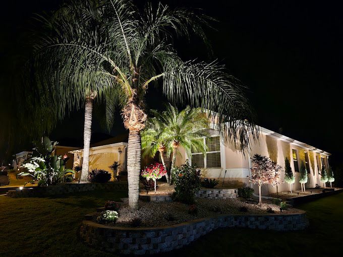 A house is lit up at night with palm trees in front of it.