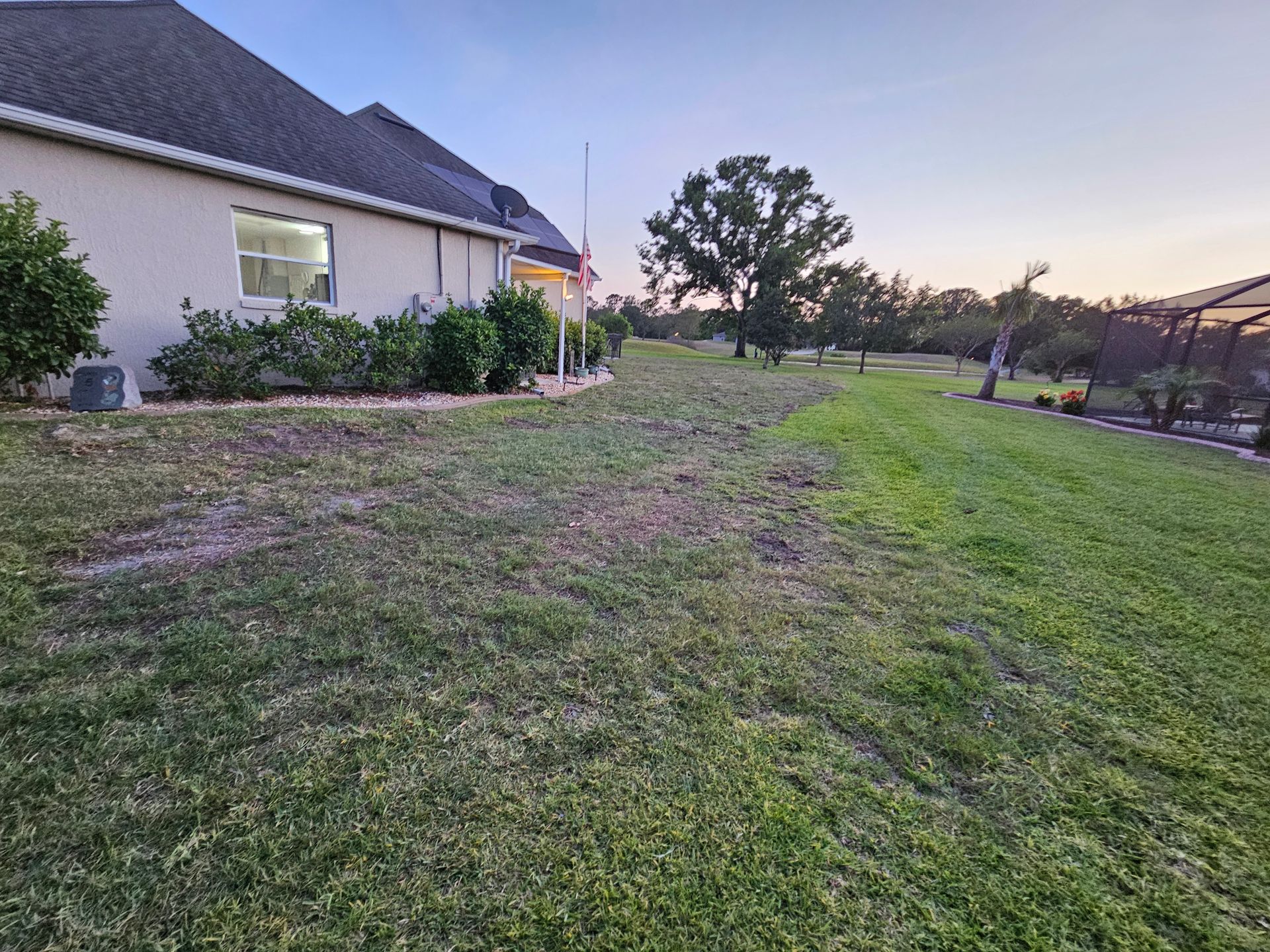 A backyard with a house, patchy grass, and trees under a twilight sky.