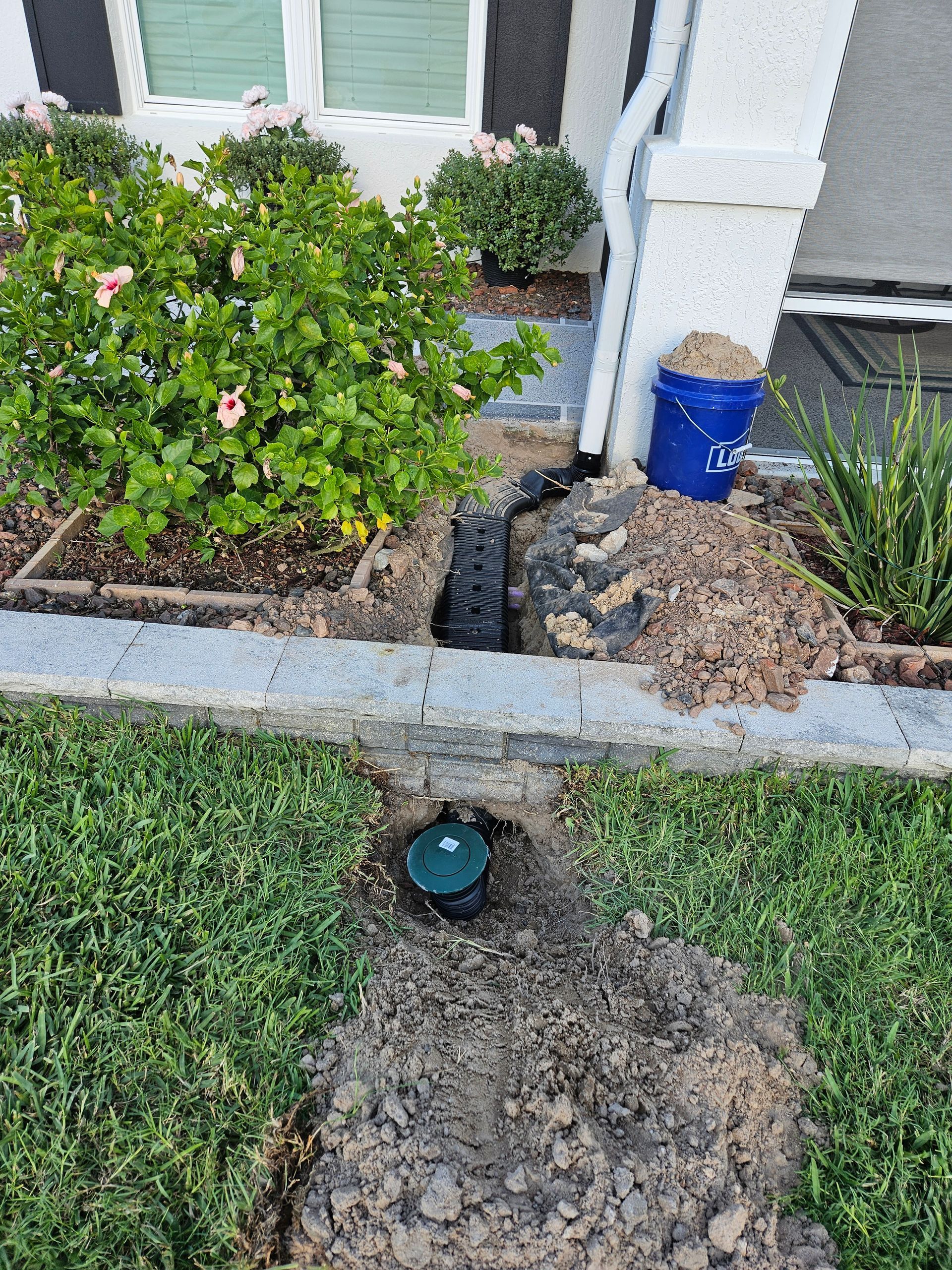 A ditch dug near a house, with a green sprinkler and a blue bucket; outdoor setting.