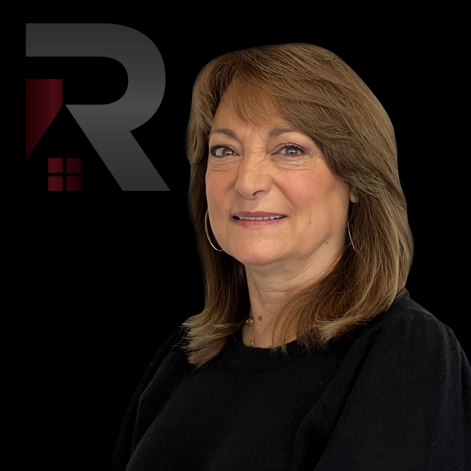 Christina Murphy in a black shirt is smiling in front of a black background.