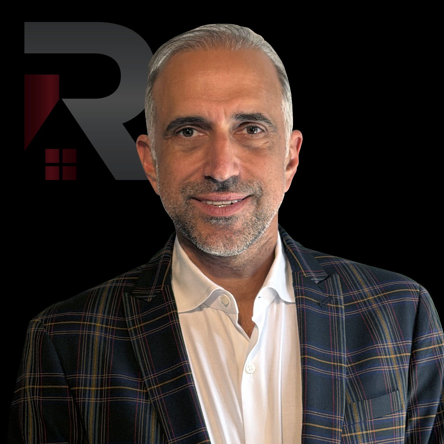 A letter r with a red roof on a black background.