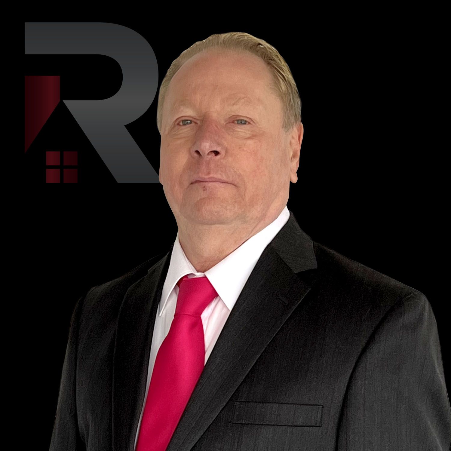 Frederick Meyer in a suit and tie with the letter r behind him