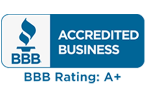 BBB logo with flame symbol, blue and white. Accredited Business with A+ rating.