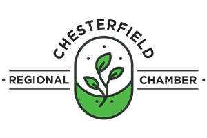 Chesterfield Regional Chamber logo with green plant in oval. Black text and lines.