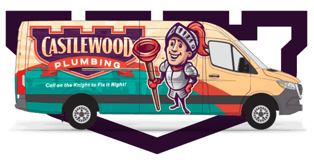 Castlewood Plumbing van with a knight holding a plunger. Green and brown colors.