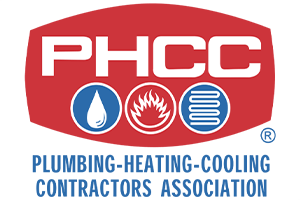 Logo for the Plumbing-Heating-Cooling Contractors Association (PHCC) with red oval and icons for water, fire, and cooling.