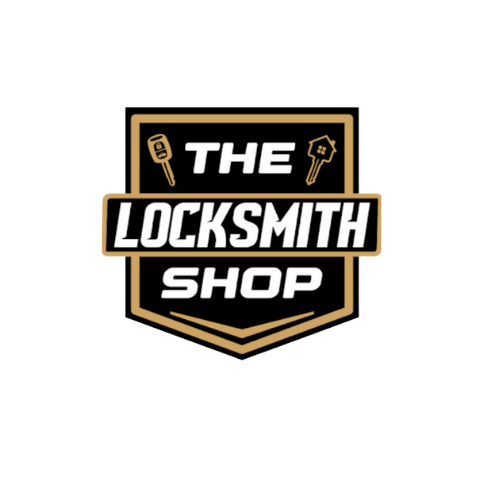 Logo for The Locksmith Shop: gold and black badge with key icons and text,