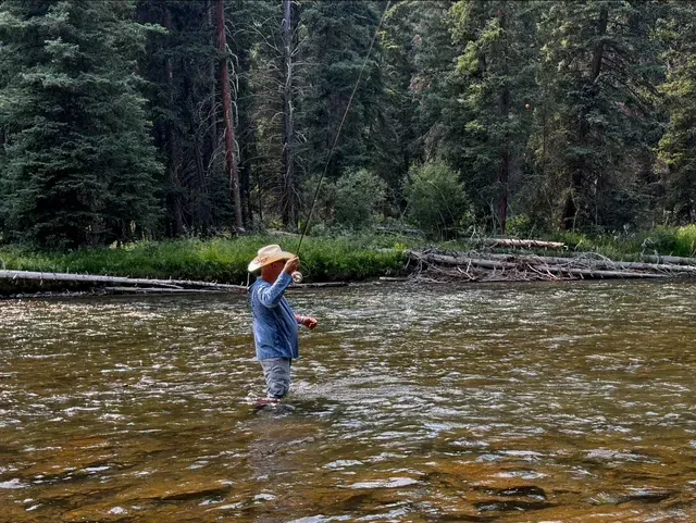 A person is standing in a river holding a fishing rod.