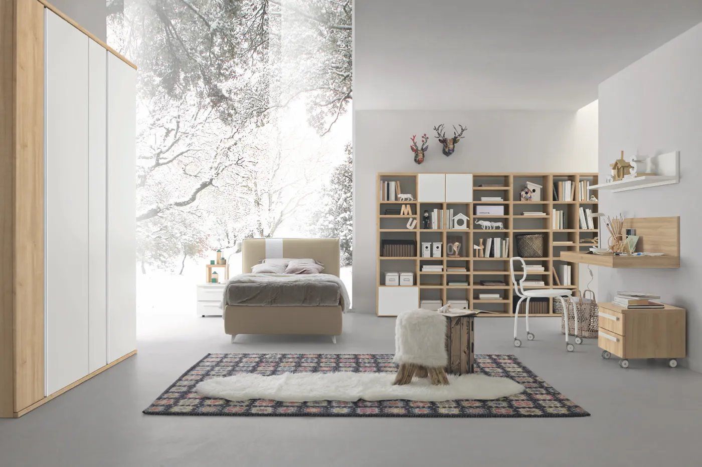 Camera da letto dai toni neutri, con armadio, letto, libreria, scrivania e sfondo con scena invernale.