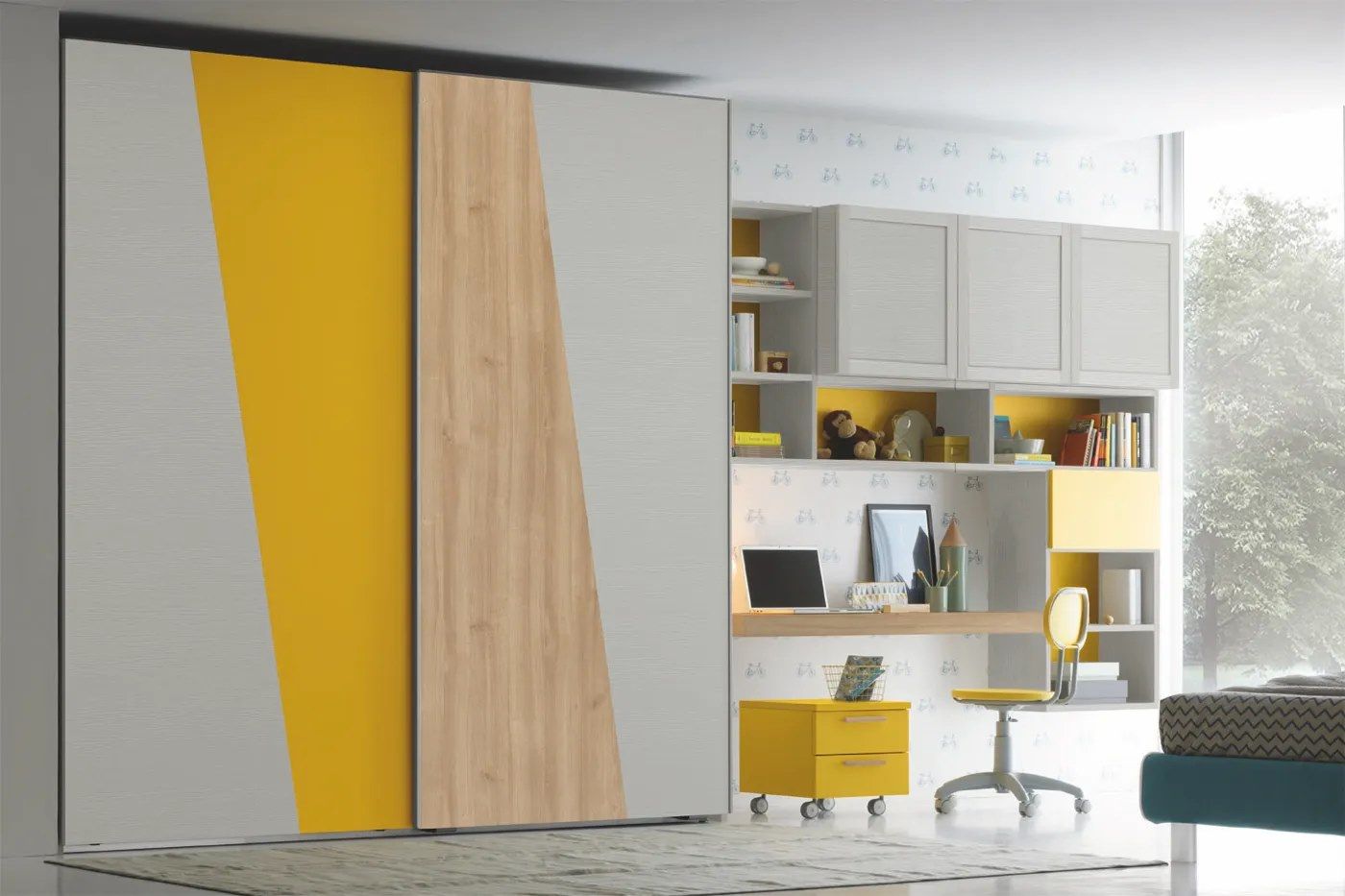 Ante scorrevoli gialle e color legno in una camera da letto moderna. Scrivania e scaffali gialli. Pareti bianche e gialle.