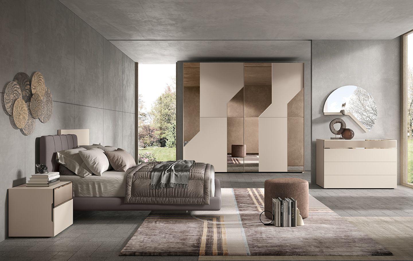 Camera da letto moderna dai toni neutri; letto, armadio, cassettiera e tappeto fantasia.