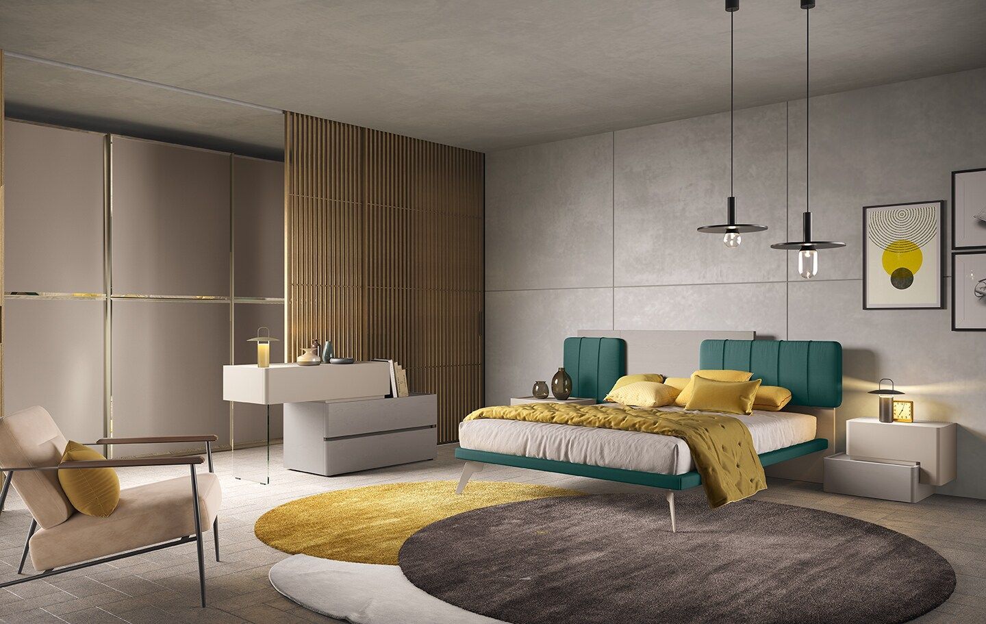 Camera da letto con letto verde acqua, tappeti dorati e grigi, tende, mobili moderni e opere d'arte.