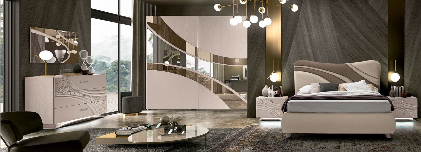 Camera da letto moderna con letto, cassettiera, comodini e decorazioni murali astratte. Palette di colori neutri.