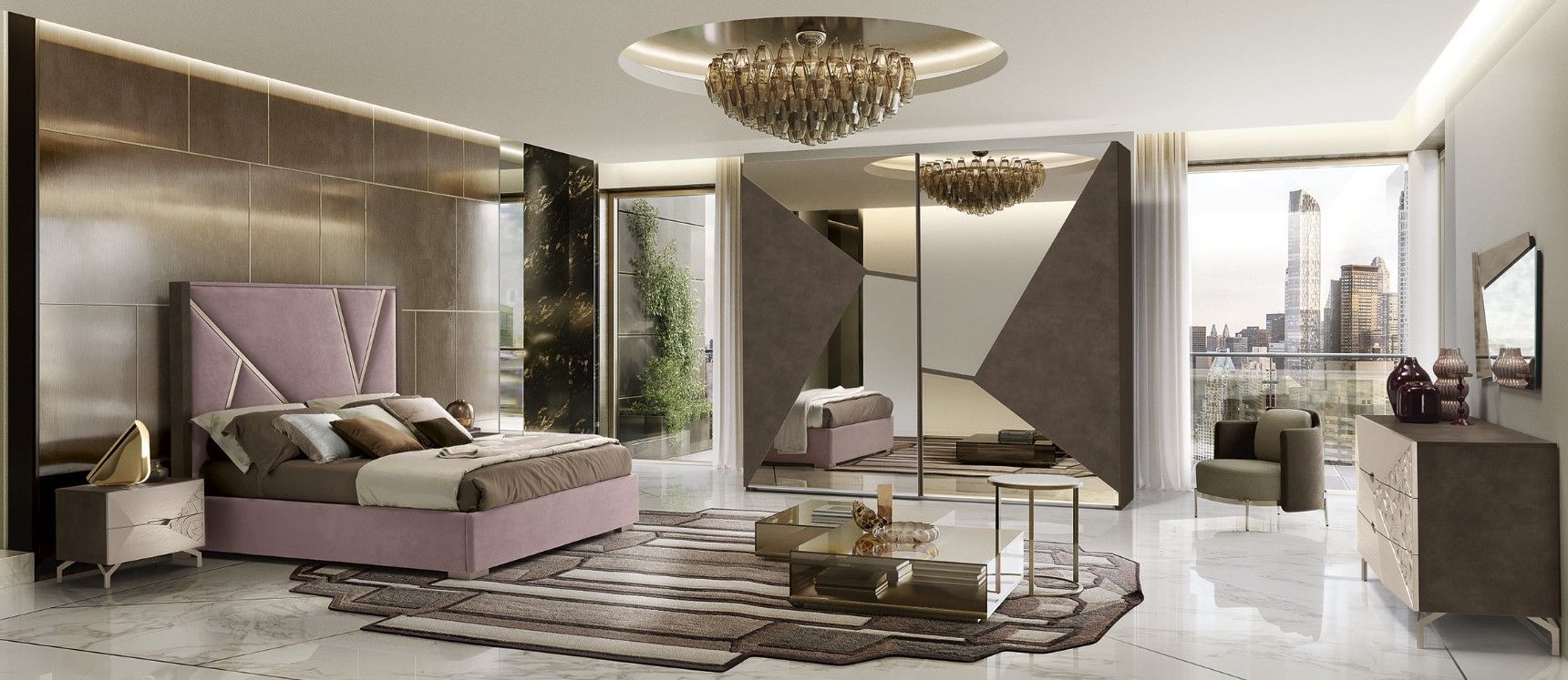 Lussuosa camera da letto con letto, parete a specchio, lampadario e vista sulla città.