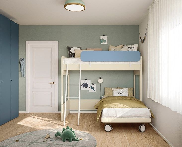 Cameretta con letto a castello. Pareti blu e verdi, pavimento in legno. Dinosauro giocattolo sul tappeto.