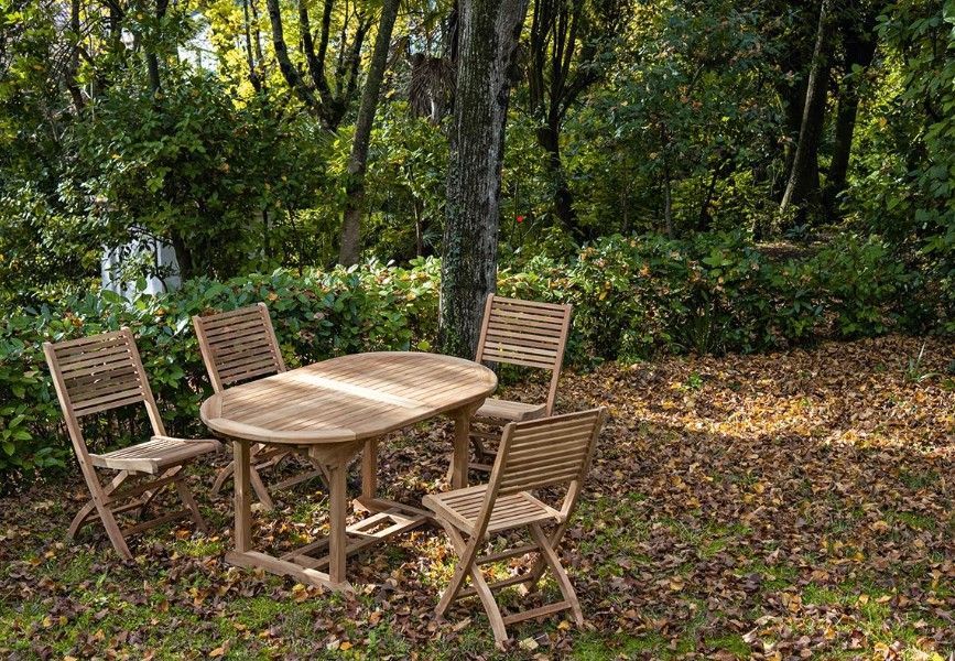 Tavolo in legno e quattro sedie in un ambiente esterno ombreggiato, con alberi e foglie cadute.