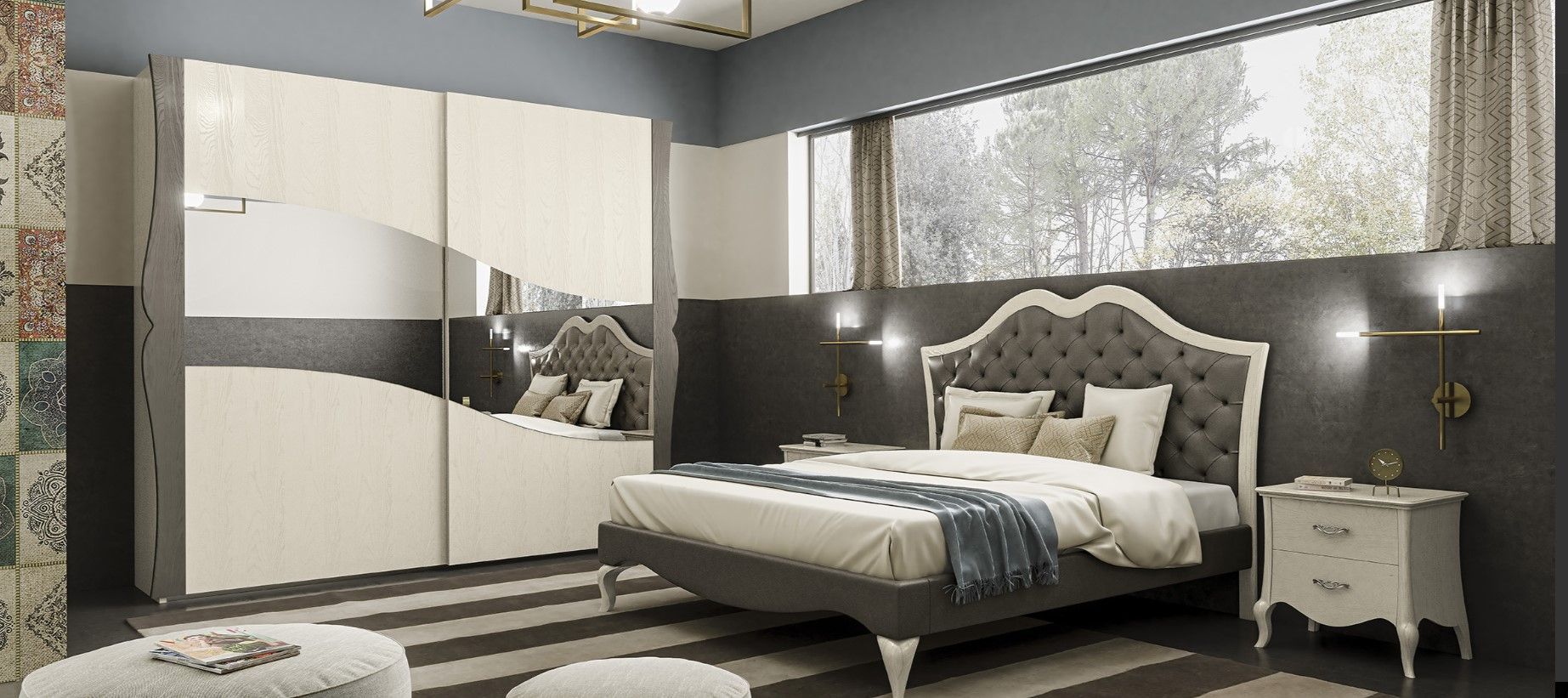 Camera da letto con letto grande, armadio e tappeto a righe. Toni neutri, ampia finestra e arredi eleganti.