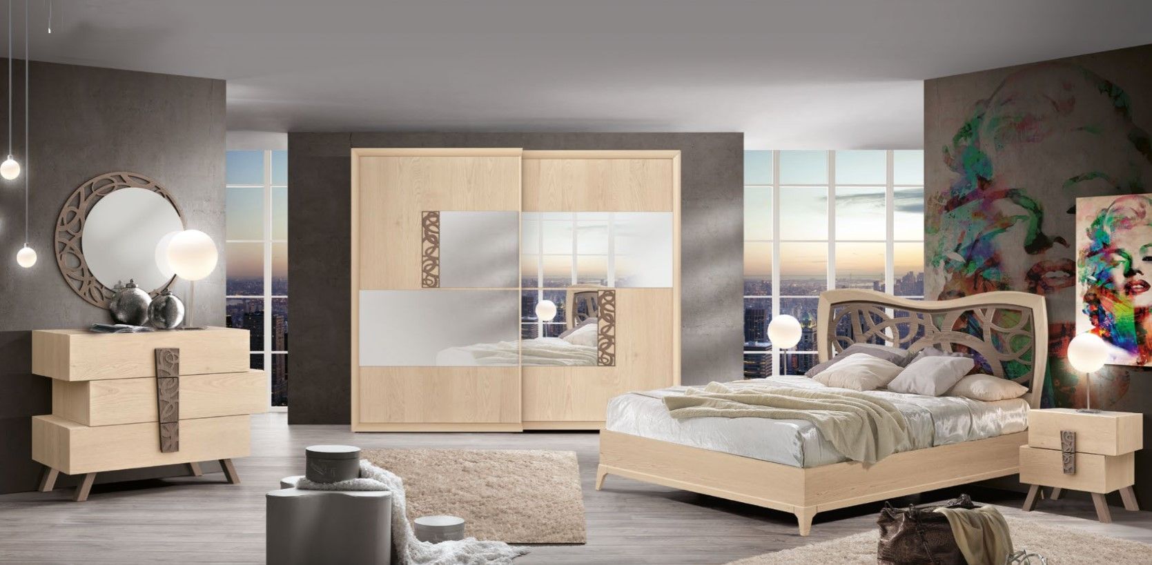 Set di mobili per la camera da letto, composto da letto, cassettiera, armadio e comodino nei toni del legno chiaro.