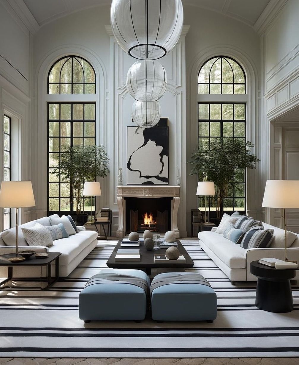 Lussuoso soggiorno con divani bianchi, ampie finestre, camino e tappeto a righe bianche e nere.