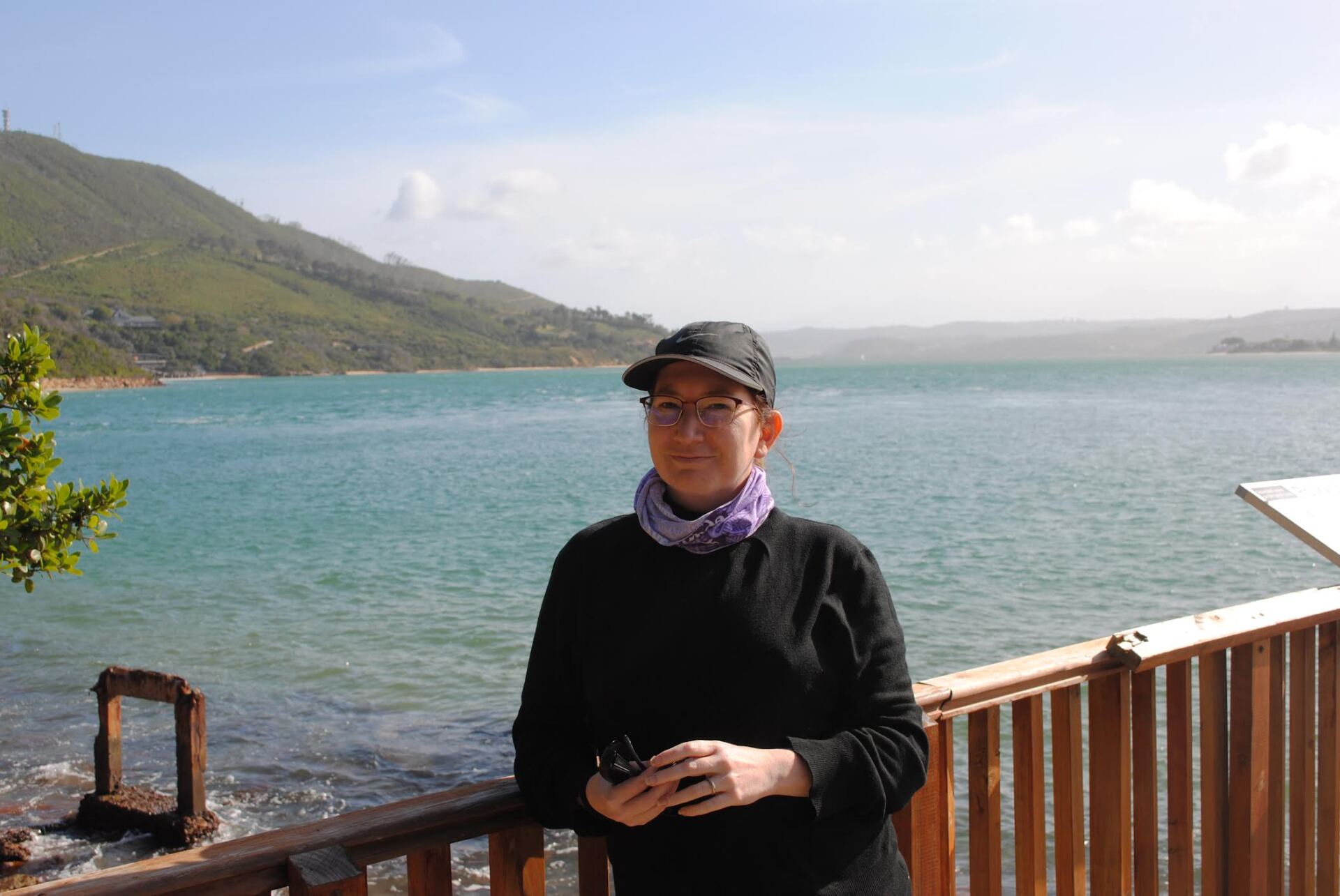 A woman is leaning on a railing overlooking a body of water.