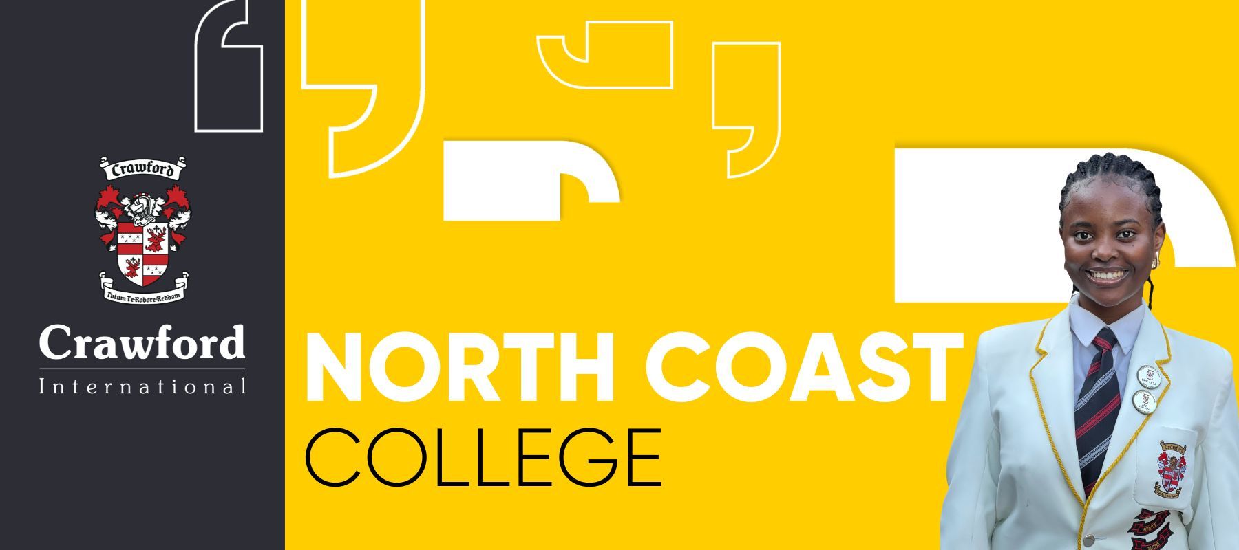 A woman in a suit and tie is standing in front of a yellow sign that says north coast college.