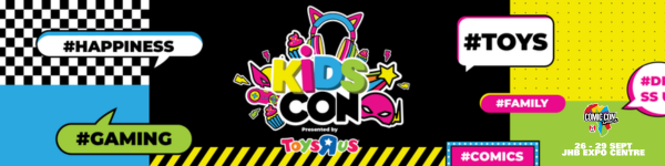 A colorful poster for kids con featuring toys , gaming , and comics.