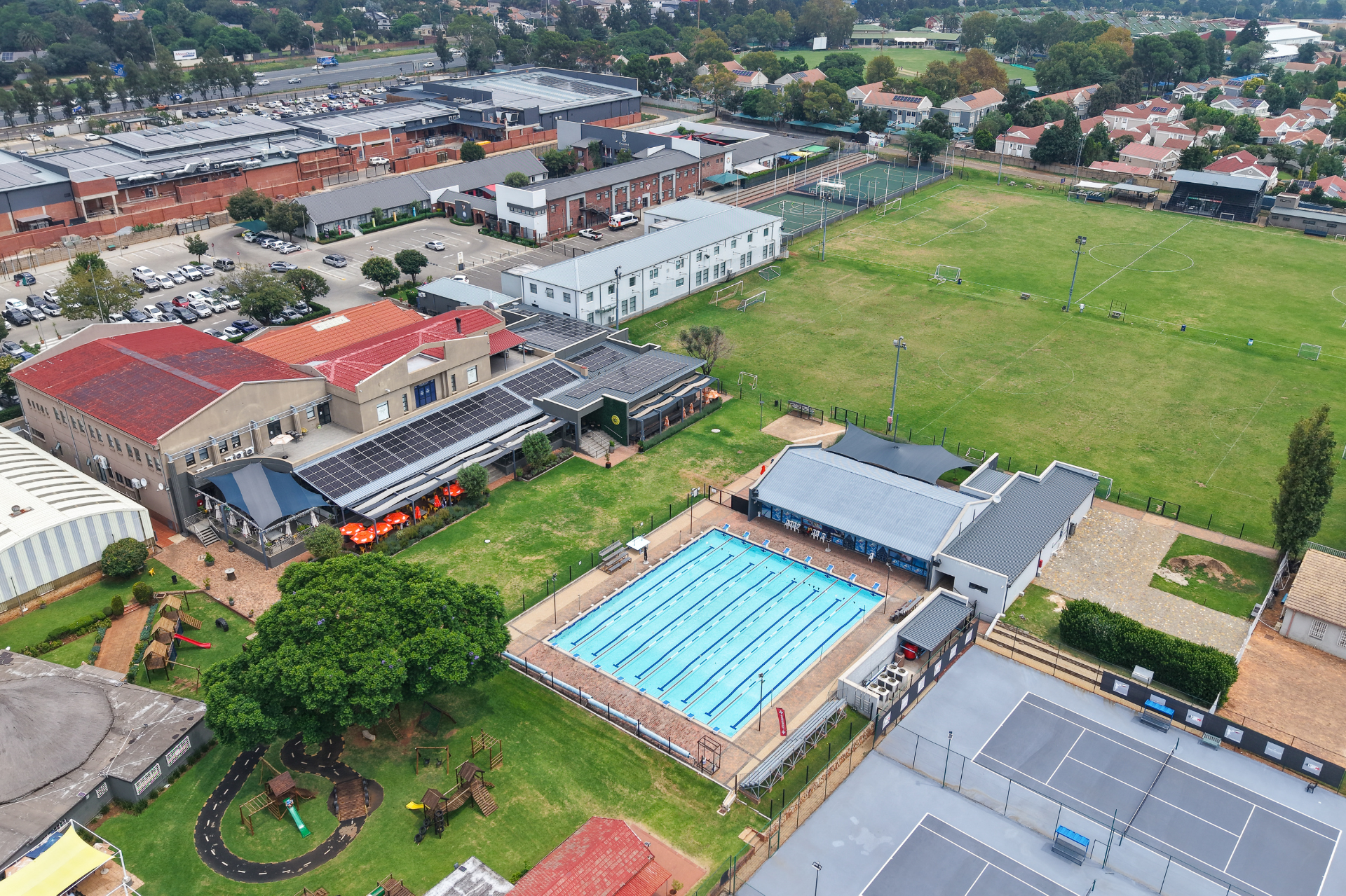 an aerial view of a sport field